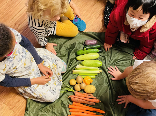 Kindergarten children clean vegetables for soup day