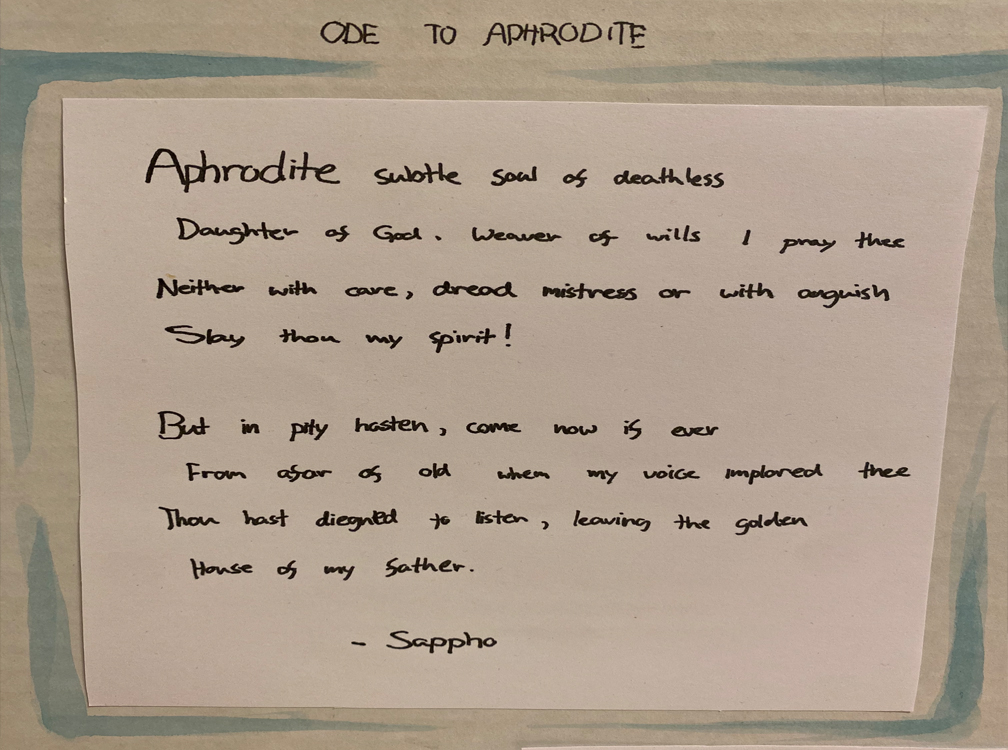 Gr 8 presentation board up close - Ode to Aphordite by Sappho