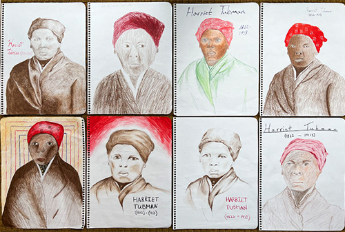 Portraits of Harriet Tubman drawn by eighth grade students